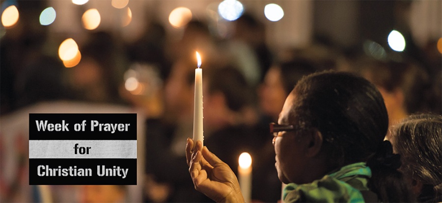 A woman holding a lit candle. In the background, out-of-focus, other people holding candles are visible. A text-box with the words "Week of Prayer for Christian Unity" is superimposed.